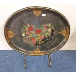 19TH CENTURY FLORAL DECORATED PAPER MACHIE OVAL FLIP TOP TABLE ON SHAPED SUPPORTS