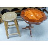 OAK STOOL & INLAID OCCASIONAL TABLE