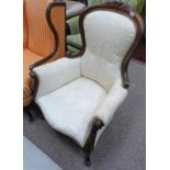 19TH CENTURY STYLE MAHOGANY GENTLEMAN'S STYLE ARMCHAIR WITH CARVED DECORATION & CABRIOLE SUPPORTS
