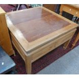 ORIENTAL HARDWOOD SQUARE COFFEE TABLE WITH 2 DRAWERS & SQUARE SUPPORTS