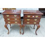 PAIR 21ST CENTURY MAHOGANY 3 DRAWER BEDSIDE CHESTS ON SHAPED SUPPORTS