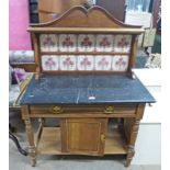 LATE 19TH CENTURY MARBLE TOPPED WASHSTAND WITH TILE BACK OVER DRAWER & PANEL DOOR ON TURNED