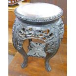 ORIENTAL CARVED HARDWOOD POT STAND WITH MARBLE INSERT & SHAPED SUPPORTS