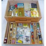 LARGE SELECTION OF MIXED FISHING TACKLE INCLUDING HOOKS, WALLETS, TOOLS ,ETC.