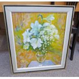 MARGARET MALCOLM FLOWER STILL LIFE SIGNED FRAMED OIL PAINTING 59 X 51 CMS