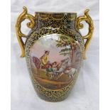 VIENNA PORCELAIN TWO HANDLED VASE WITH GILT DECORATION AND CENTRE PANEL OF MEN & HORSES - 14CM TALL