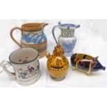 SELECTION OF 19TH OR EARLY 20TH CENTURY PORCELAIN TO INCLUDE MONEY BANKS, FROG MUG, PUZZLE JUG ETC.