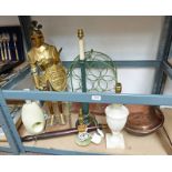 BRASS FIGURE WITH SUIT OF ARMOUR, COPPER BED WARMING PAN,