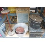 2 TIN BOXES, WASH BOARD, LEATHER COLLAR BOX, MAHOGANY STAND,