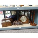 ART DECO OAK MANTLE CLOCK, 2 INLAID BOXES, CANDLESTICKS,