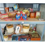 SELECTION OF ADVERTISING TINS, STONEWARE CROCKS, OIL LAMPS,