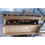 WOODEN TOOL CASE WITH CONTENTS INCLUDING SAWS,