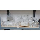 A LARGE SELECTION OF CRYSTAL TO INCLUDE DECANTERS, WINE GLASSES, BASKET,