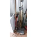 LARGE SELECTION OF HAND TOOLS INCLUDING SNOW SHOVEL,