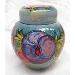 MOORCROFT POTTERY GINGER JAR DECORATED WITH ANEMONIES ON A PALE BLUE GROUND,