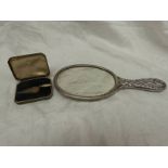 SILVER HAND MIRROR & SILVER & MOTHER OF PEARL BOOK MARK IN THE FORM OF A TROWEL