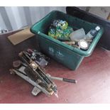 BOX OF GARDEN TOOLS WITH 2 SMALL CAR JACKS