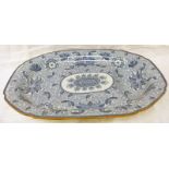 LARGE 19TH CENTURY BLUE & WHITE FLORAL DECORATED ASHET WITH GRAVY RESERVOIR