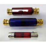 2 CRANBERRY GLASS DOUBLE ENDED SCENT BOTTLES AND A BLUE GLASS SCENT BOTTLE -3-