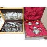 CASED CUTLERY ET & CASED ROYAL SELANGOR PEWTER 3 PIECE TEASET