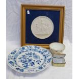 LIMOGES PORCELAIN LIDDED TRINKET BOX, MEISSEN BLUE ONION PLATE WITH CROSSED SWORDS MARK,