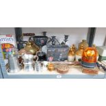 COPPER KETTLE, SILVER PLATED TROPHY, VARIOUS FLAGONS,