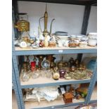 SELECTION OF PORCELAIN & BRASSWARE INCLUDING SPIRIT KETTLE, FRAMED ORIENTAL STYLE PICTURES,