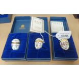 3 CASED HALCYON DAYS ENAMEL EGGS Condition Report: no year date present on any of