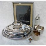 CUT GLASS SUGAR SIFTER WITH SILVER TOP, SMALL SILVER TROPHY, SILVER PLATED ENTREE DISH,