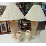 PAIR OF MATCHING PEACH PORCELAIN TABLE LAMPS WITH A PAIR OF MATCHING VASES DECORATED WITH HERONS