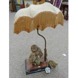 TABLE LAMP WITH BRASS STEM & 2 PORCELAIN OWLS