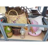 PINK POTTERY EWER & BASIN, GLASS OIL LAMP, ROSEWOOD CASKET ETC ON 1 SHELF.