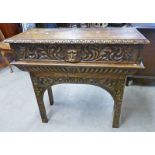 LATE 19TH CENTURY CARVED OAK HALL TABLE WITH SINGLE DRAWER AND CARVED SQUARE SUPPORTS