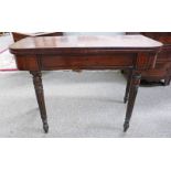 19TH CENTURY INLAID MAHOGANY TURN OVER TEA TABLE WITH DRAWER AND REEDED SUPPORTS