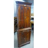 MAHOGANY CORNER CABINET WITH CARVED DECORATIVE TOP & 2 PANEL DOORS OVER 2 PANEL DOORS