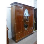 EARLY 20TH CENTURY INLAID MAHOGANY TRIPLE MIRROR DOOR WARDROBE WITH FITTED INTERIOR & 2 DRAWERS TO