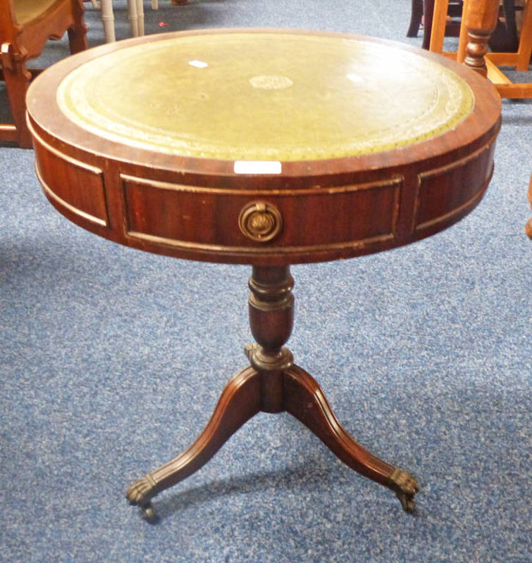 MAHOGANY DRUM WINE TABLE WITH LEATHER TOP ON SPREADING SUPPORTS