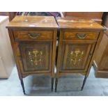 PAIR LATE 19TH CENTURY INLAID ROSEWOOD BESIDE CABINETS WITH SINGLE DRAWER OVER PANEL DOOR ON TURNED