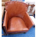 20TH CENTURY LEATHER & OAK CLUB CHAIR WITH STUD DECORATION