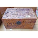 SMALL ORIENTAL CARVED CAMPHORWOOD BOX Condition Report: 30 w 18 d 16 t