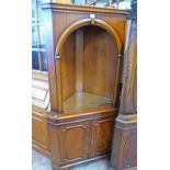 MAHOGANY CORNER CABINET WITH CARVED DECORATED TOP & 2 PANEL DOORS