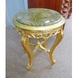 CARVED GILT WINE TABLE WITH MARBLE TOP & SHAPED SUPPORTS