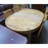 OVAL PINE EXTENDING DINING TABLE ON SQUARE SUPPORTS & 4 LEATHER PADDED MATCHING CHAIRS