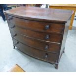 EARLY 19TH CENTURY MAHOGANY BOW FRONT CHEST OF 4 LONG DRAWERS ON BRACKET SUPPORTS