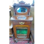 LATE 19TH CENTURY MAHOGANY MUSIC CABINET WITH MIRROR BACK OVER DRAWER WITH GLAZED DOOR ON QUEEN