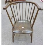 ARTS & CRAFTS EARLY 20TH CENTURY ARMCHAIR WITH SPAR BACK BY J & J ALLER LTD ON TURNED SUPPORTS
