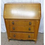 ARTS & CRAFTS STYLE BUREAU WITH FALL FRONT OVER 3 DRAWERS ON SHAPED SUPPORTS