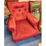 RED VELOUR COVERED ARMCHAIR ON TURNED SUPPORTS