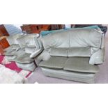 3 PIECE MAHOGANY FRAMED GREEN SUITE INCLUDING 2 SEATER SOFA & RECLINERS