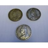 3 BRITISH CROWN COINS DATED 1887, 1889,